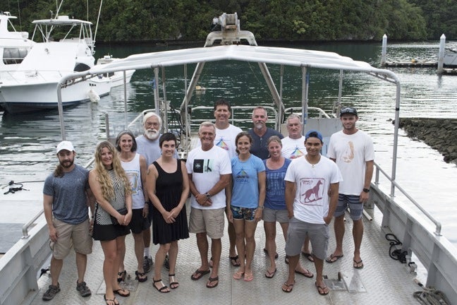 The CORAL team in Palau (from left): Brandon Russell (UConn), Chiara Pisapia (CSUN), Lori Colin (CRRF), Pat Colin (CRRF), Stacy Peltier (BIOS), Bob Carpenter (CSUN), Eric Hochberg (BIOS), Andrea Millan, Alex Hunter (BIOS), Yvonne Sawall (BIOS), Steve Dollar (UH), Rodrigo Garcia (UMass), Sam Ginther (CSUN)