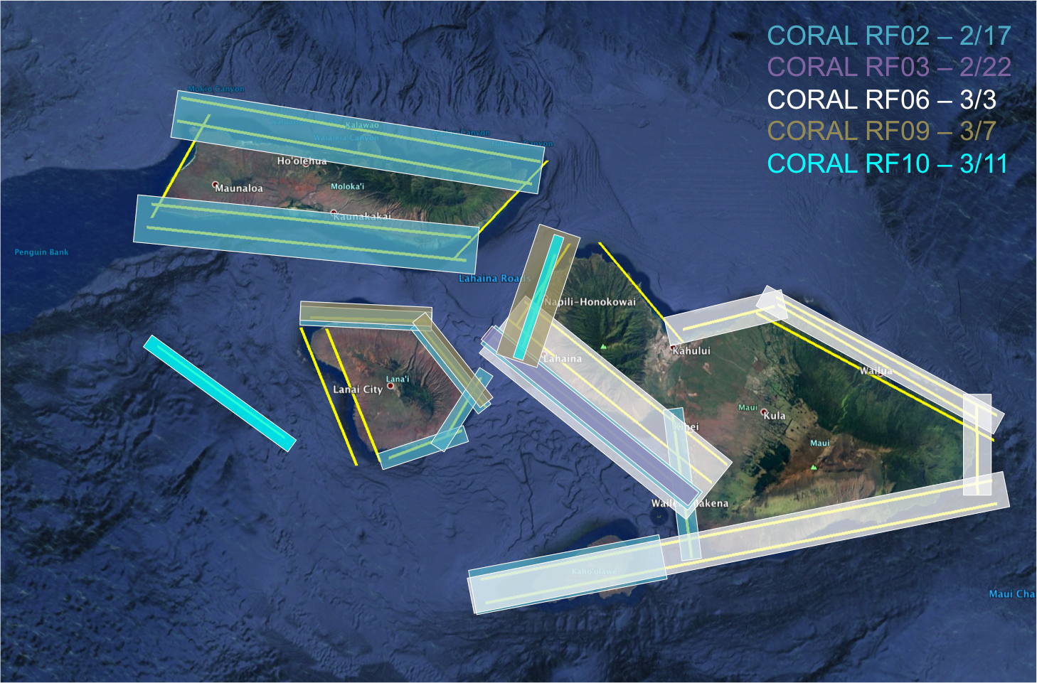 CORAL flight lines on Maui, Molokai, and Lanai