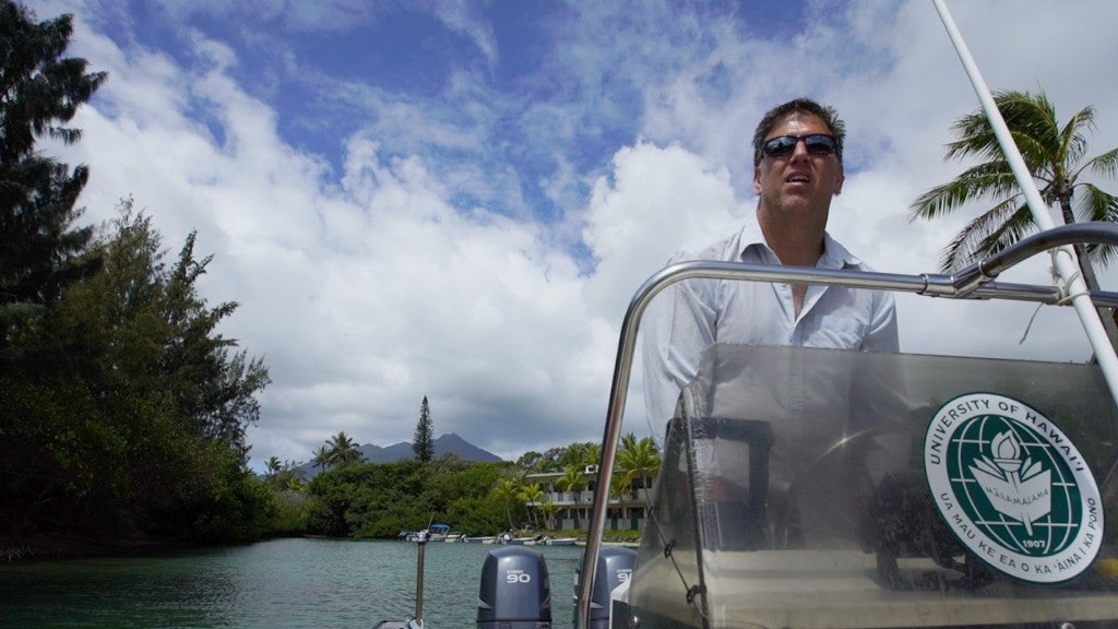 A scientist steers a research boat away from the dock