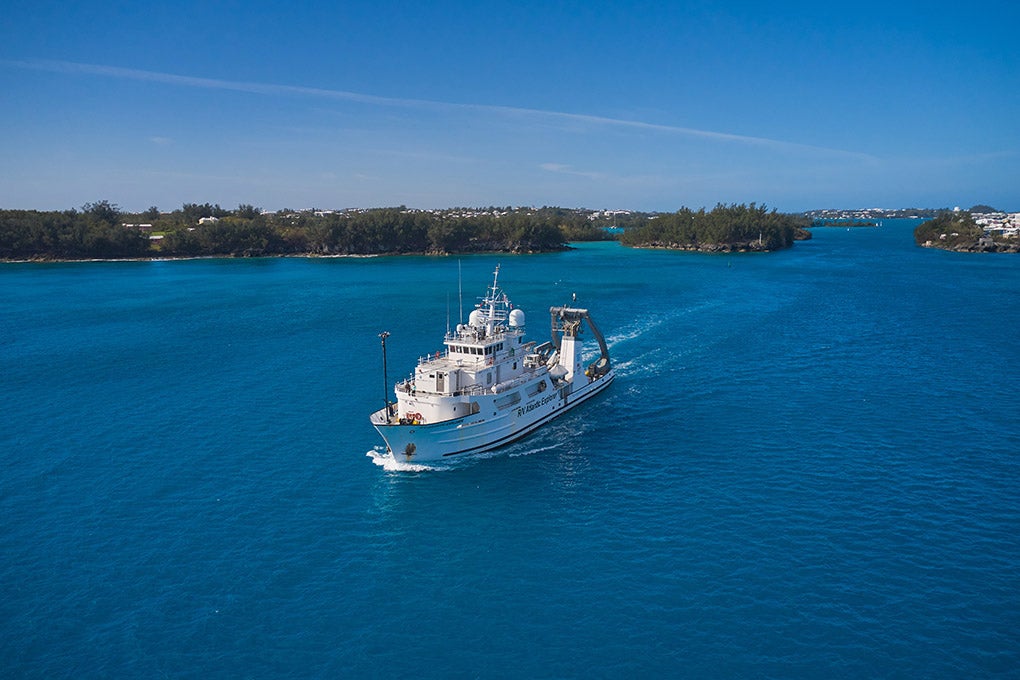 RV Atlantic Explorer coming out of Town Cut on teh east end of the island.