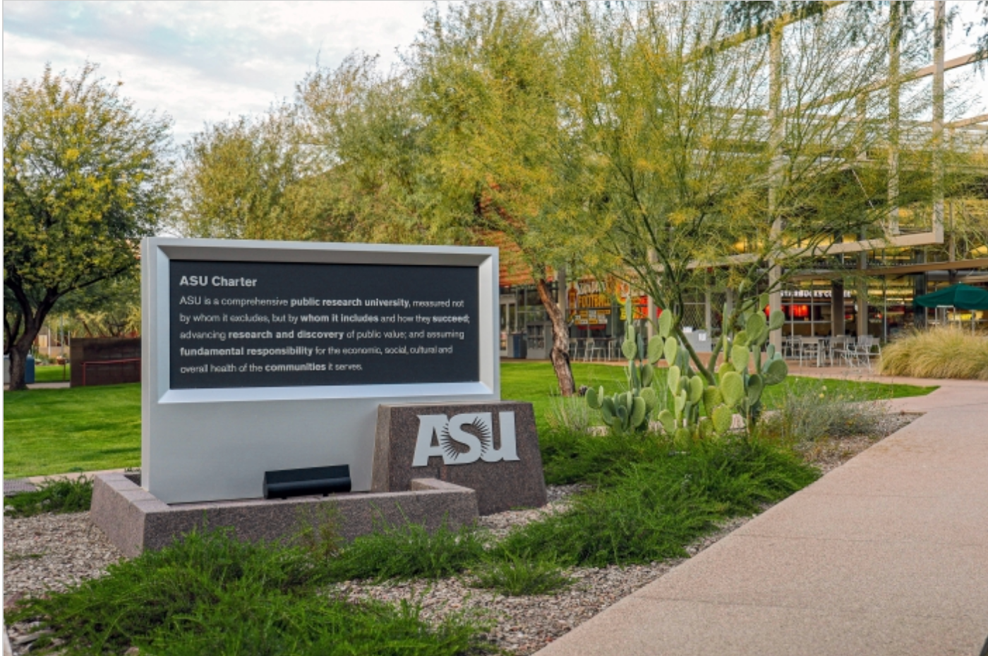 ASU Polytechnic campus blends spaces for native wildlife and people. Native Arizona plants, including mesquite trees, palo verde and prickly pear cactus, line the walkway to restaurants at the Student Union. Photo courtesy of Arizona State University